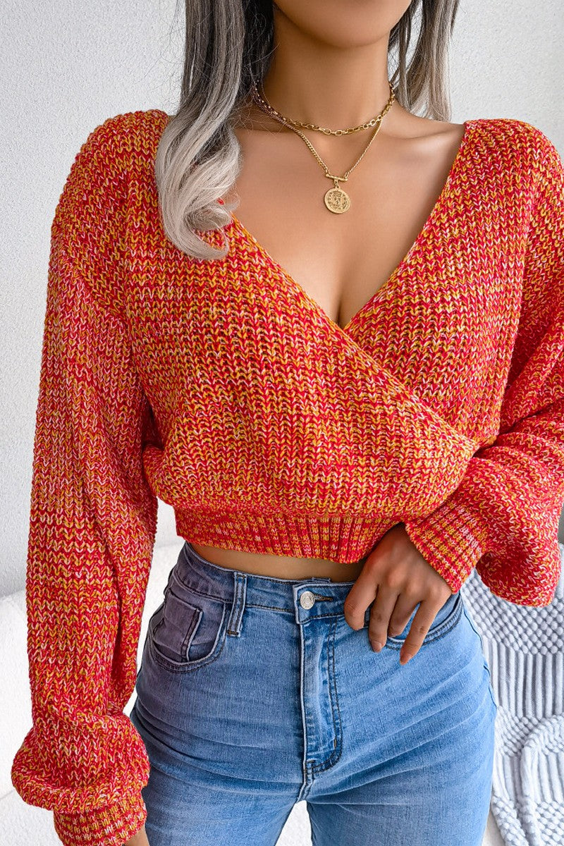WOMEN SEXY V NECK KNITTED CROP WRAP SWEATSHIRT