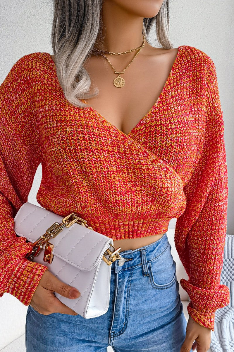 WOMEN SEXY V NECK KNITTED CROP WRAP SWEATSHIRT