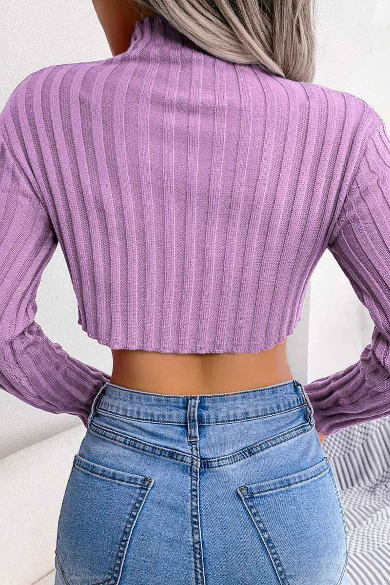 HIGH NECK CORDUROY SEXY CUT OUT WAIST CROP TOP