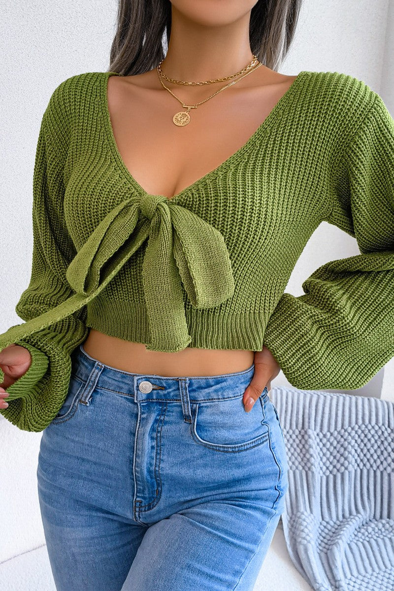 WOMEN FRONT BOW TIED SEXY CROP KNIT SWEATSHIRTS