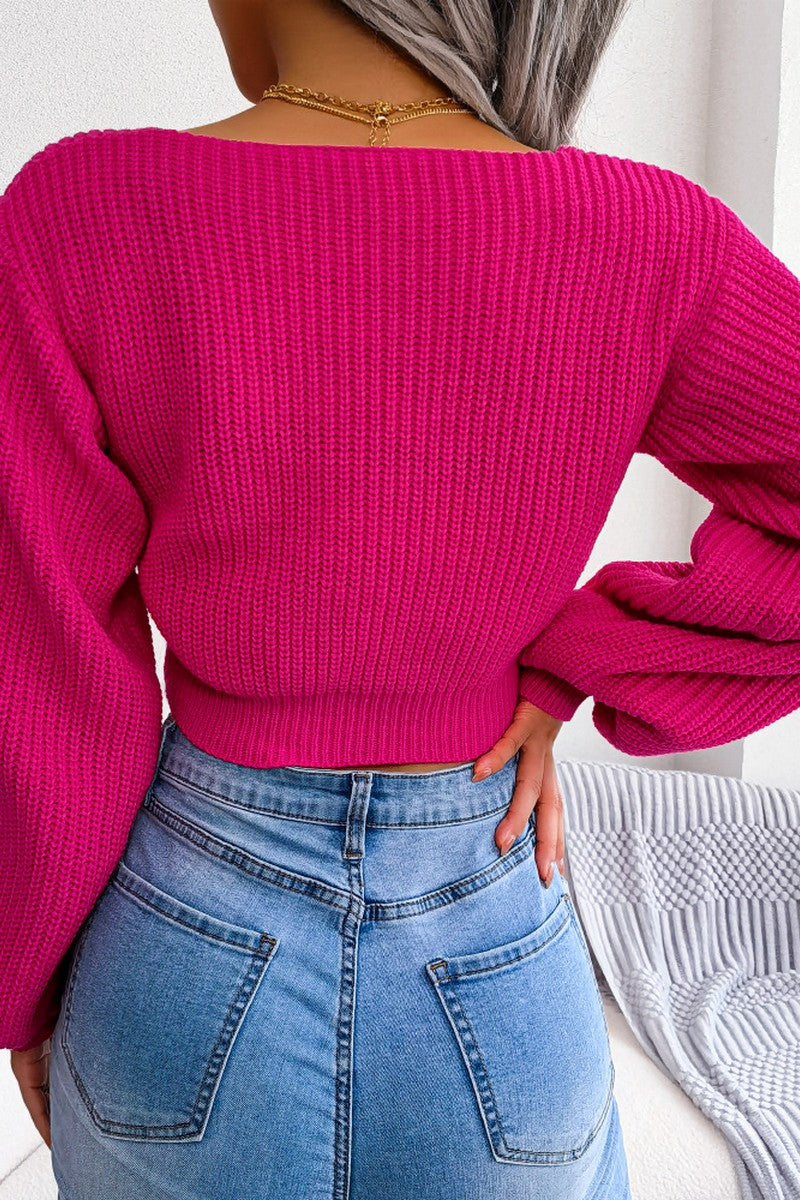 WOMEN FRONT BOW TIED SEXY CROP KNIT SWEATSHIRTS