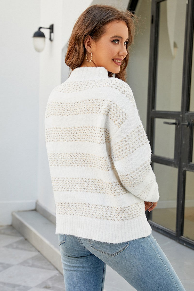 WOMEN STRIPE PATTERN LONG SLEEVE KNIT SWEATSHIRT