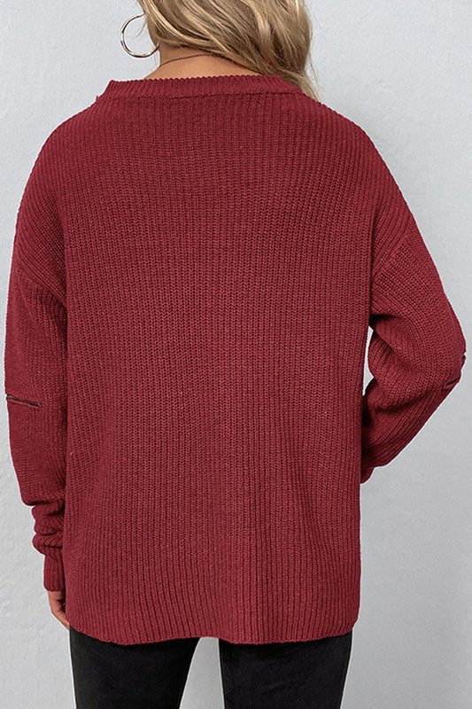 WOMEN ZIPPER CUT OUT SLEEVE LOOSE NECK SWEATER