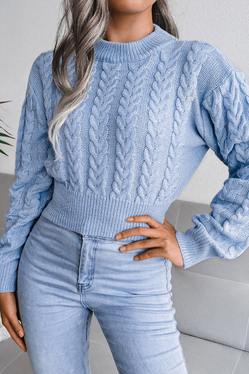 WOMEN CHUNKY CABLE KNIT RIBBED CROP SWEATER