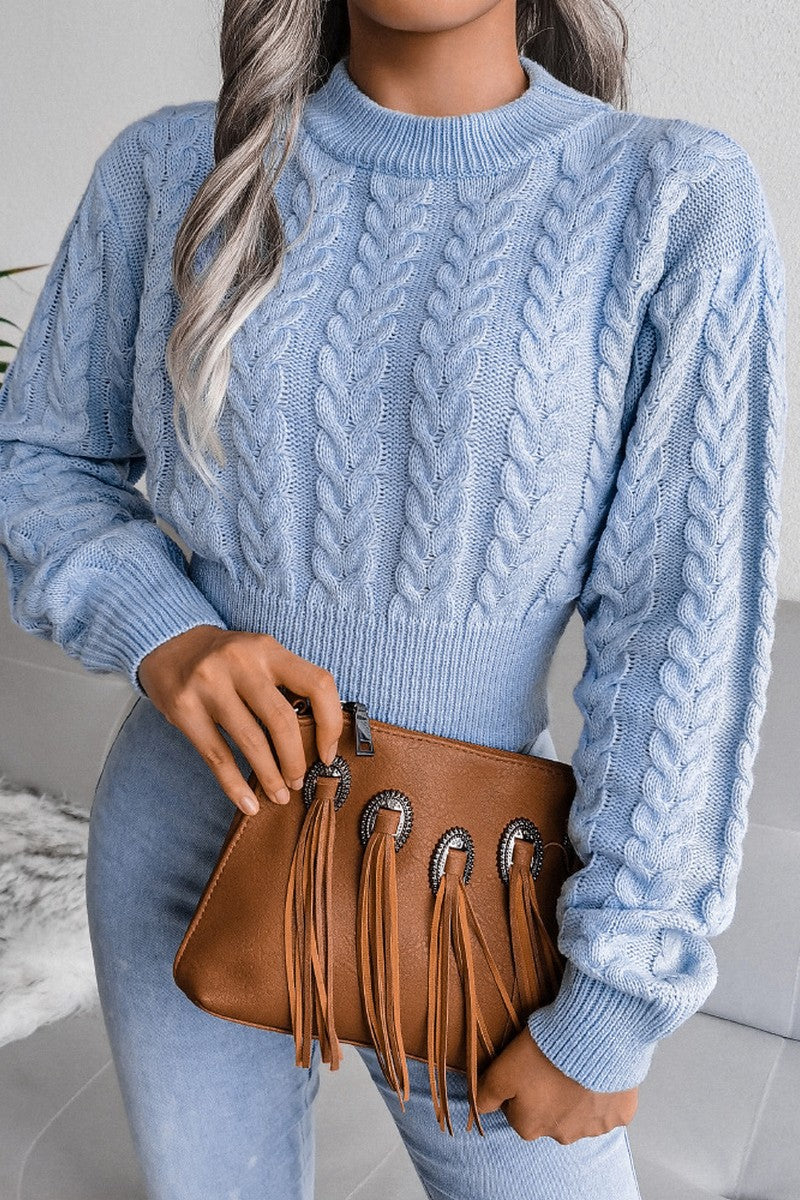 WOMEN CHUNKY CABLE KNIT RIBBED CROP SWEATER