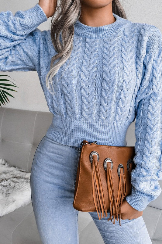 WOMEN CHUNKY CABLE KNIT RIBBED CROP SWEATER