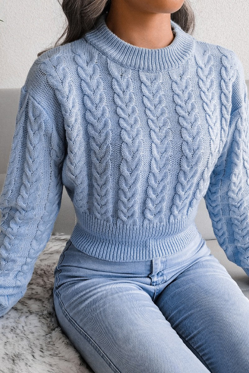 WOMEN CHUNKY CABLE KNIT RIBBED CROP SWEATER