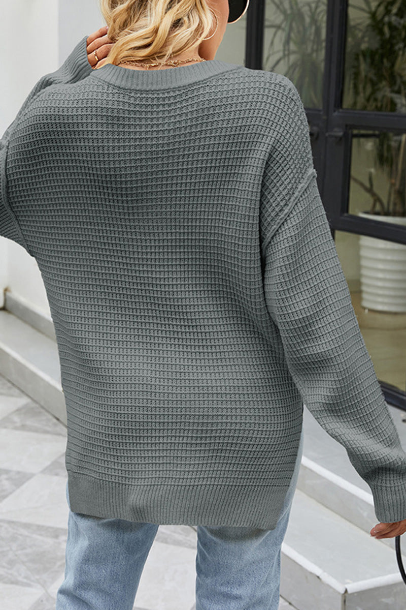 WOMEN HENLEY NECK WAFFLE KNITTED LOOSE SWEATER