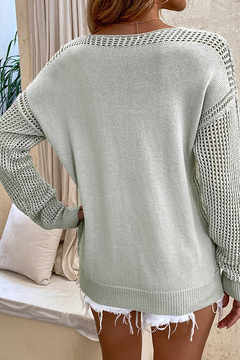 WOMEN LOOSE NECK CHUNKY KNIT SLEEVE SWEATSHIRT
