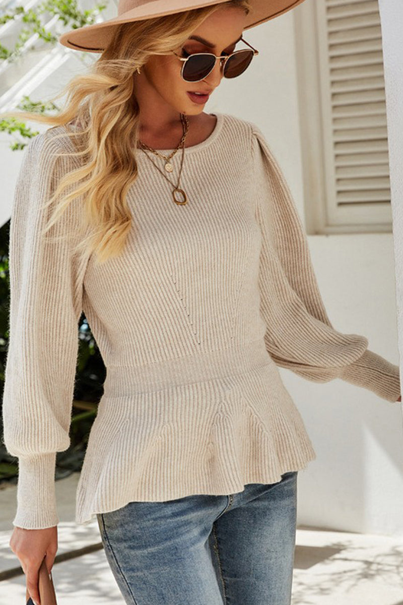 WOMEN CREW NECK LONG SLEEVE KNITTED SWEAT TUNIC