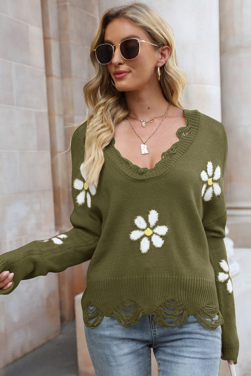 WOMEN VINTAGE DISTRESSED FLOWER PRINTNG SWEATER