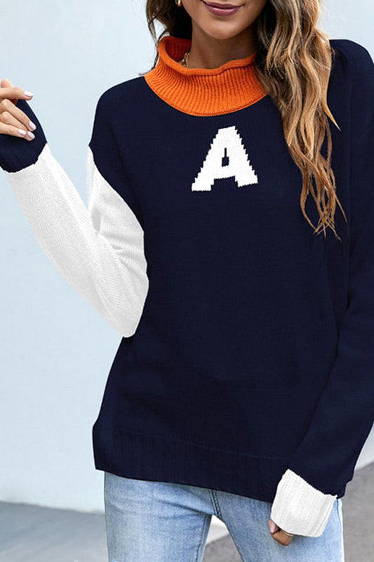 WOMEN COLOR BLOCK A PRINTING HIGH NECK KNIT TOP