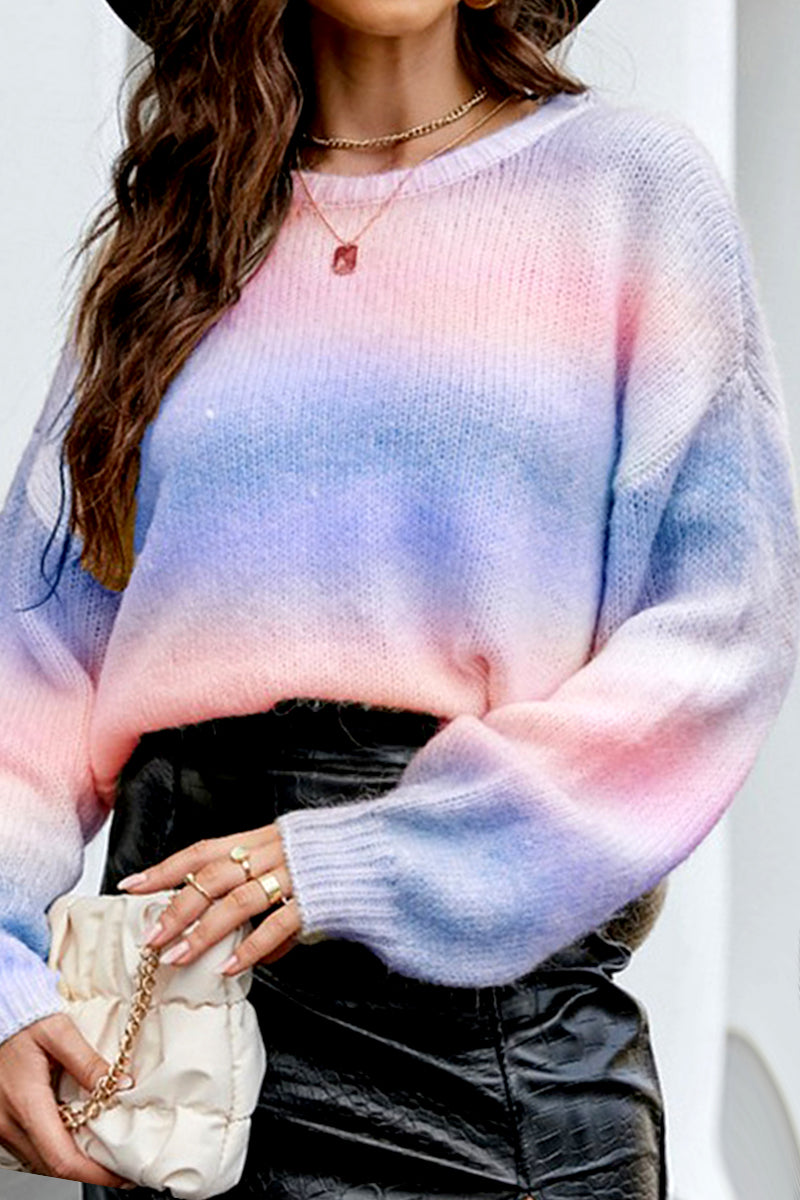 WOMEN GRADIENT COLORED RIBBED KNIT SWEATSHIRT