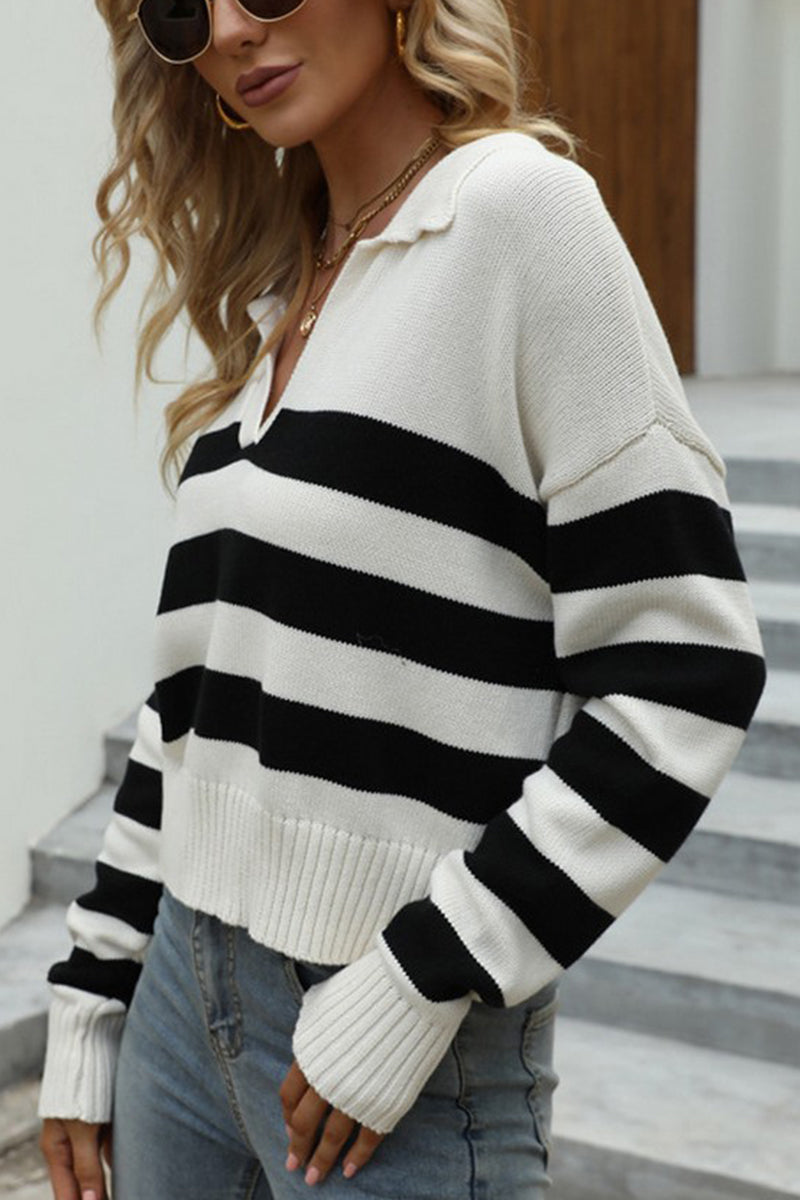 WOMEN COLLARED V NECK STRIPE PATTERN KNIT TOP