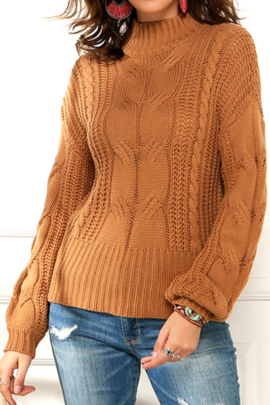 WOMEN CABLE KNIT HIGH NECK SOLID WINTER SWEATER