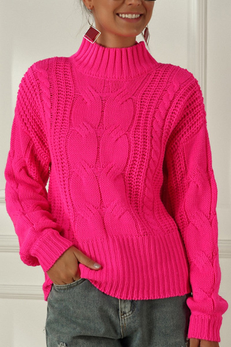 WOMEN CABLE KNIT HIGH NECK SOLID WINTER SWEATER