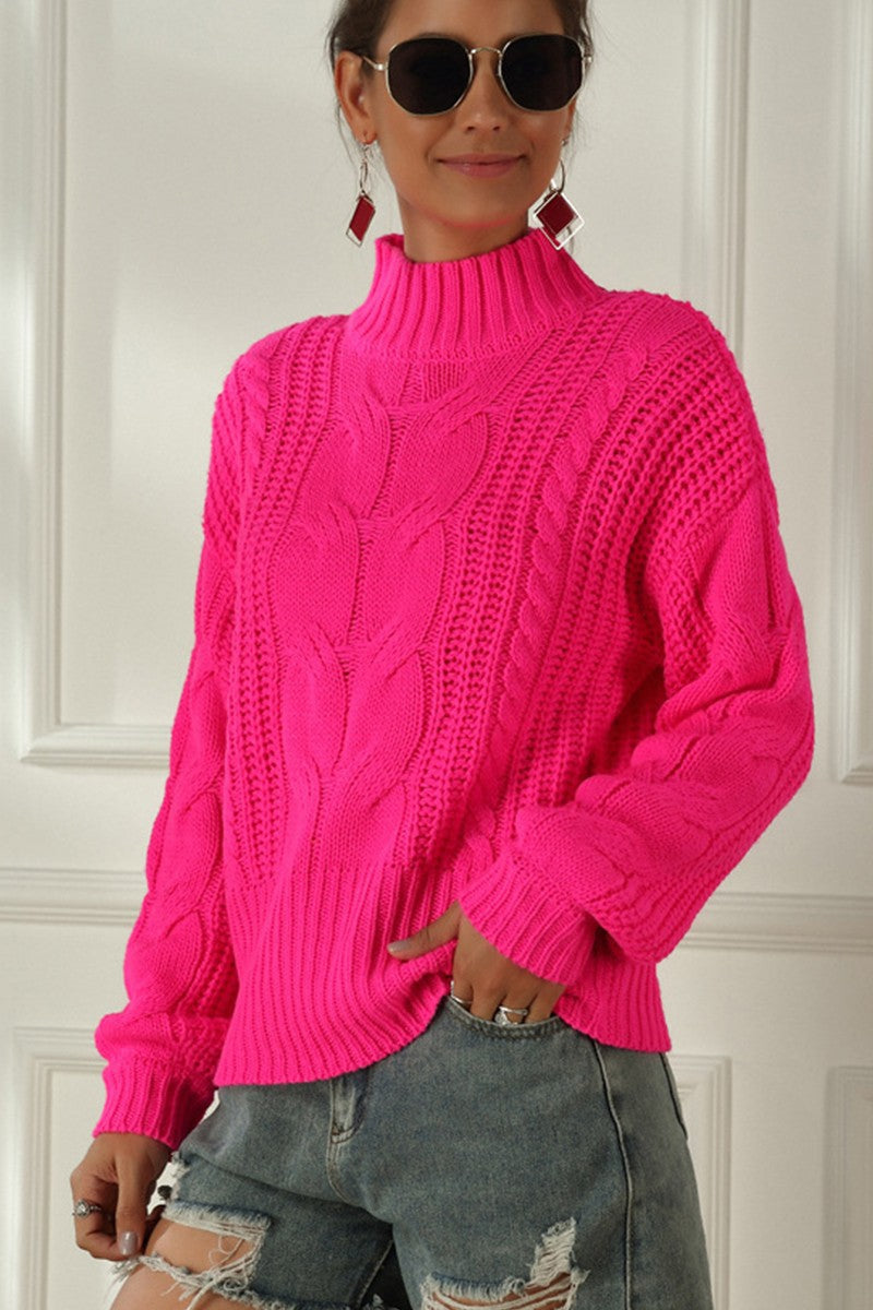WOMEN CABLE KNIT HIGH NECK SOLID WINTER SWEATER