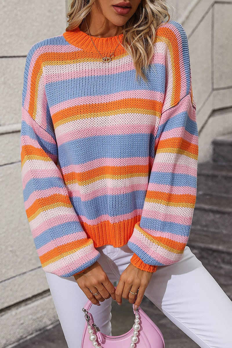 WOMEN COLORED STRIPE LANTERN SLEEVE SWEATER