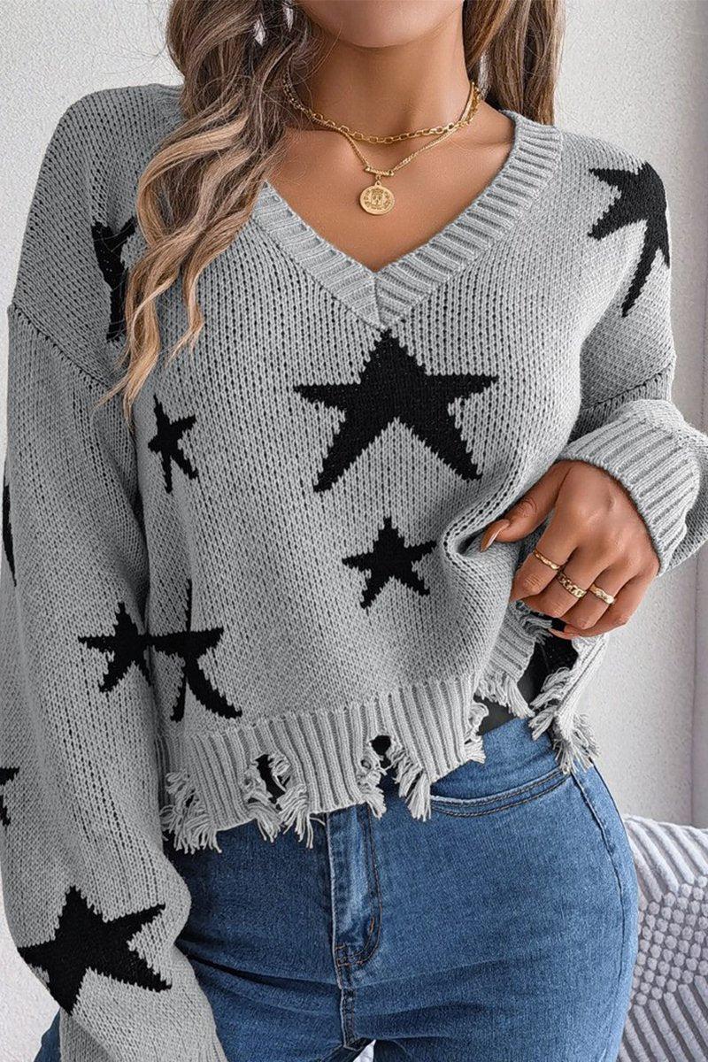 WOMEN STAR PRINTING DISTRESSED HEM KNIT SWEATER