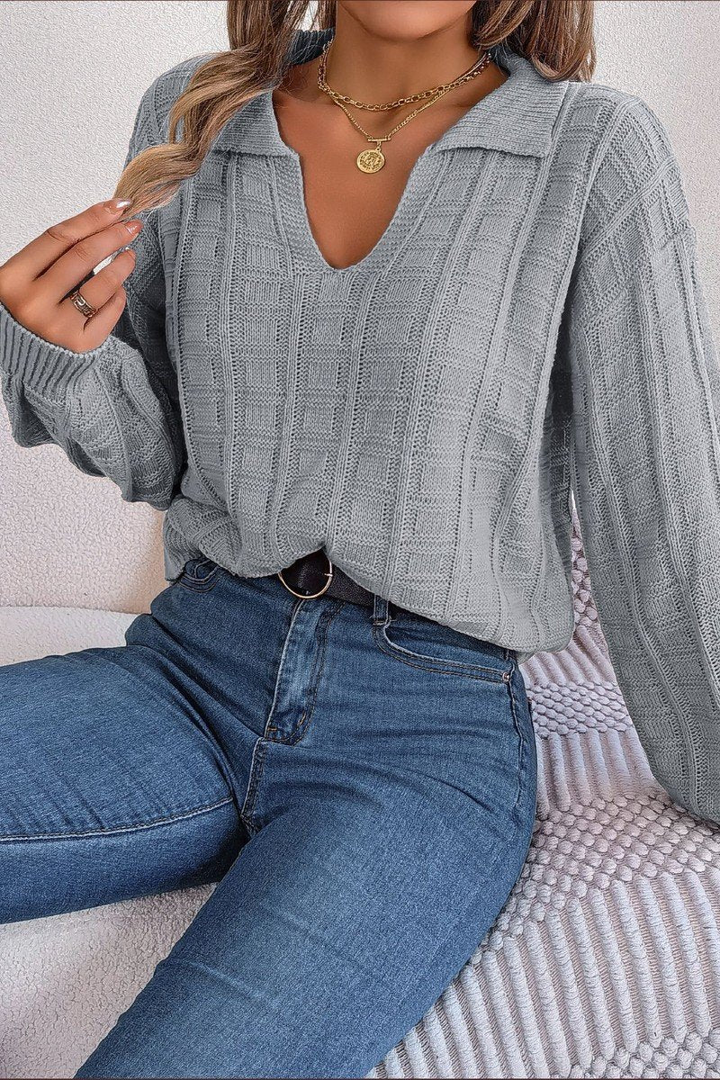 WOMEN LONG SLEEVE LOOSE FIT COLLARED KNIT SWEATER
