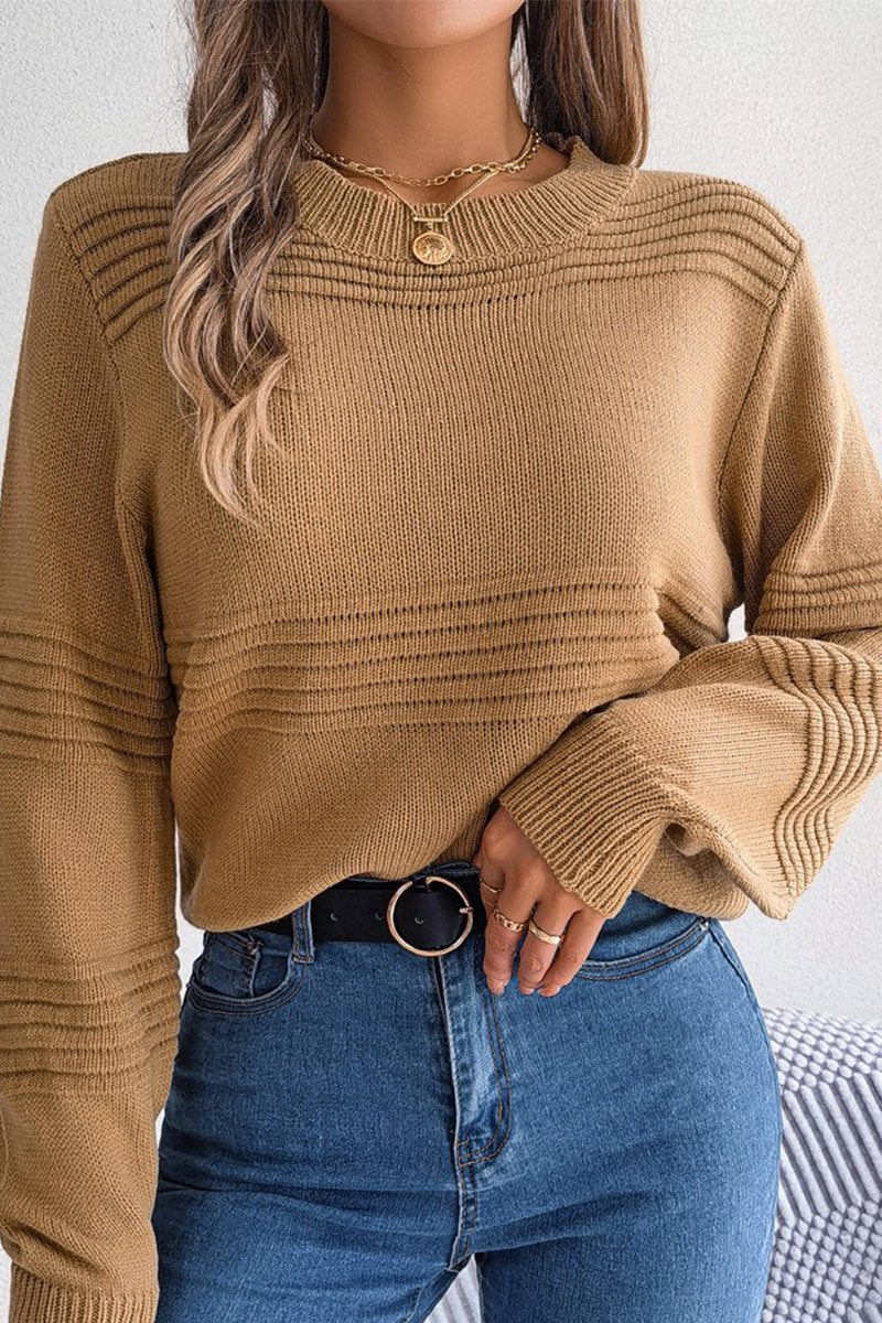 WOMEN RIBBED CREWNECK LOOSE FIT KNITTED SWEATER
