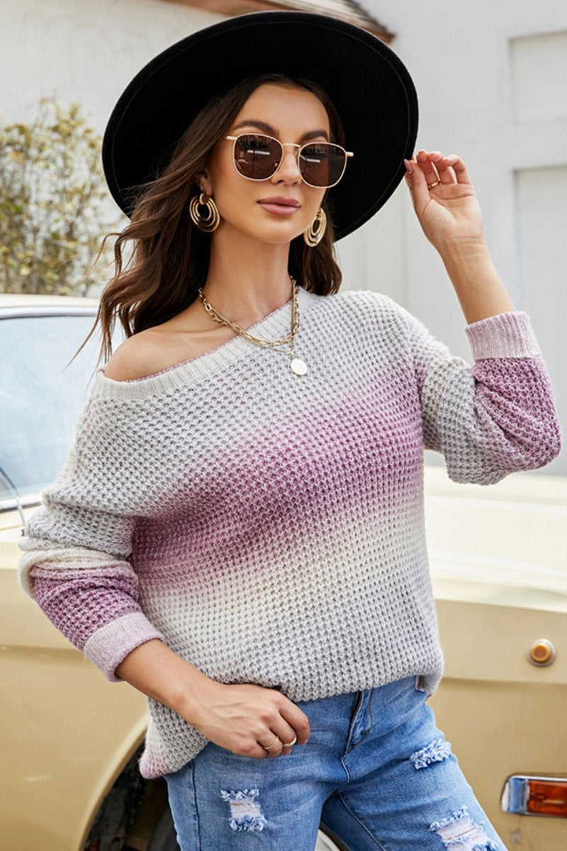 WOMEN GRADIENT CHUNKY WAFFLE KNIT LOOSE SWEATER