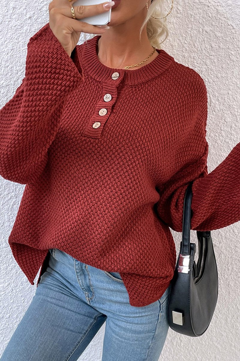 WOMEN FISHERMAN KNIT HENLEY NECK LOOSE SWEATER