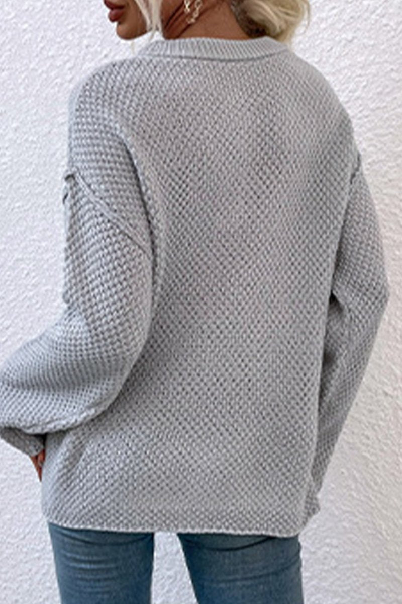 WOMEN FISHERMAN KNIT HENLEY NECK LOOSE SWEATER