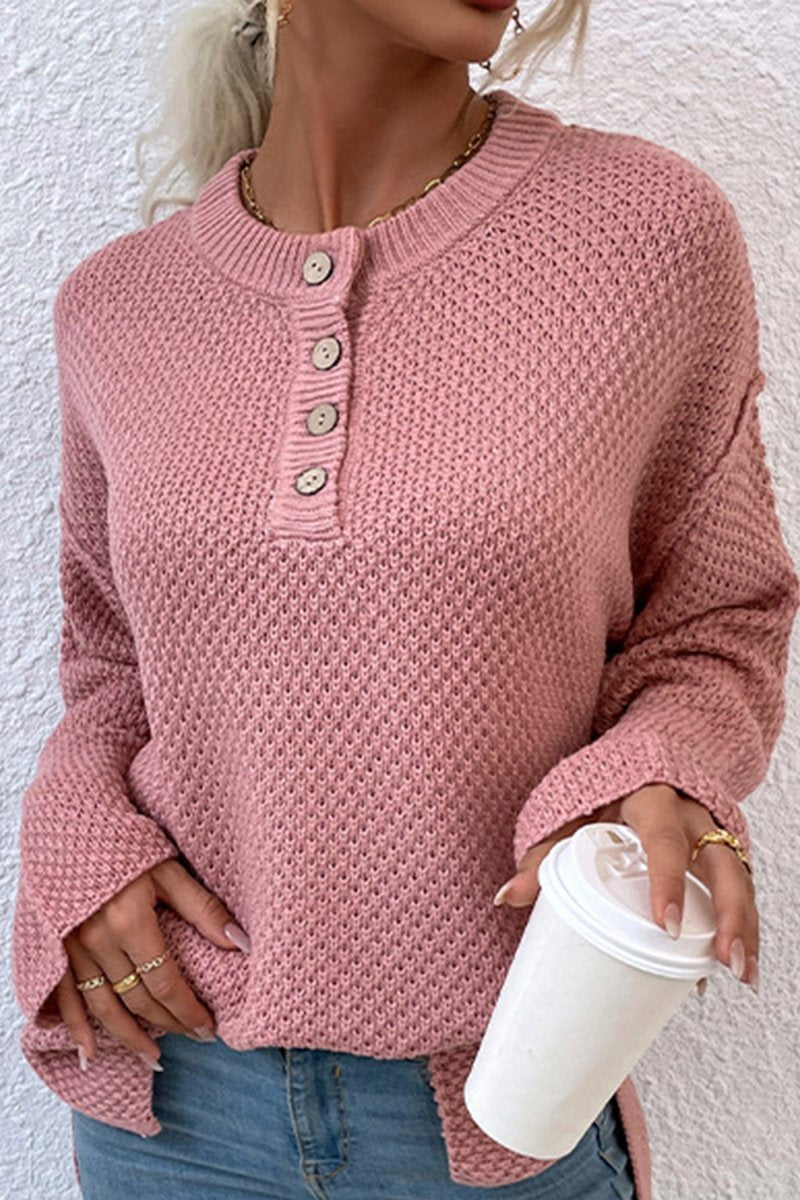 WOMEN FISHERMAN KNIT HENLEY NECK LOOSE SWEATER