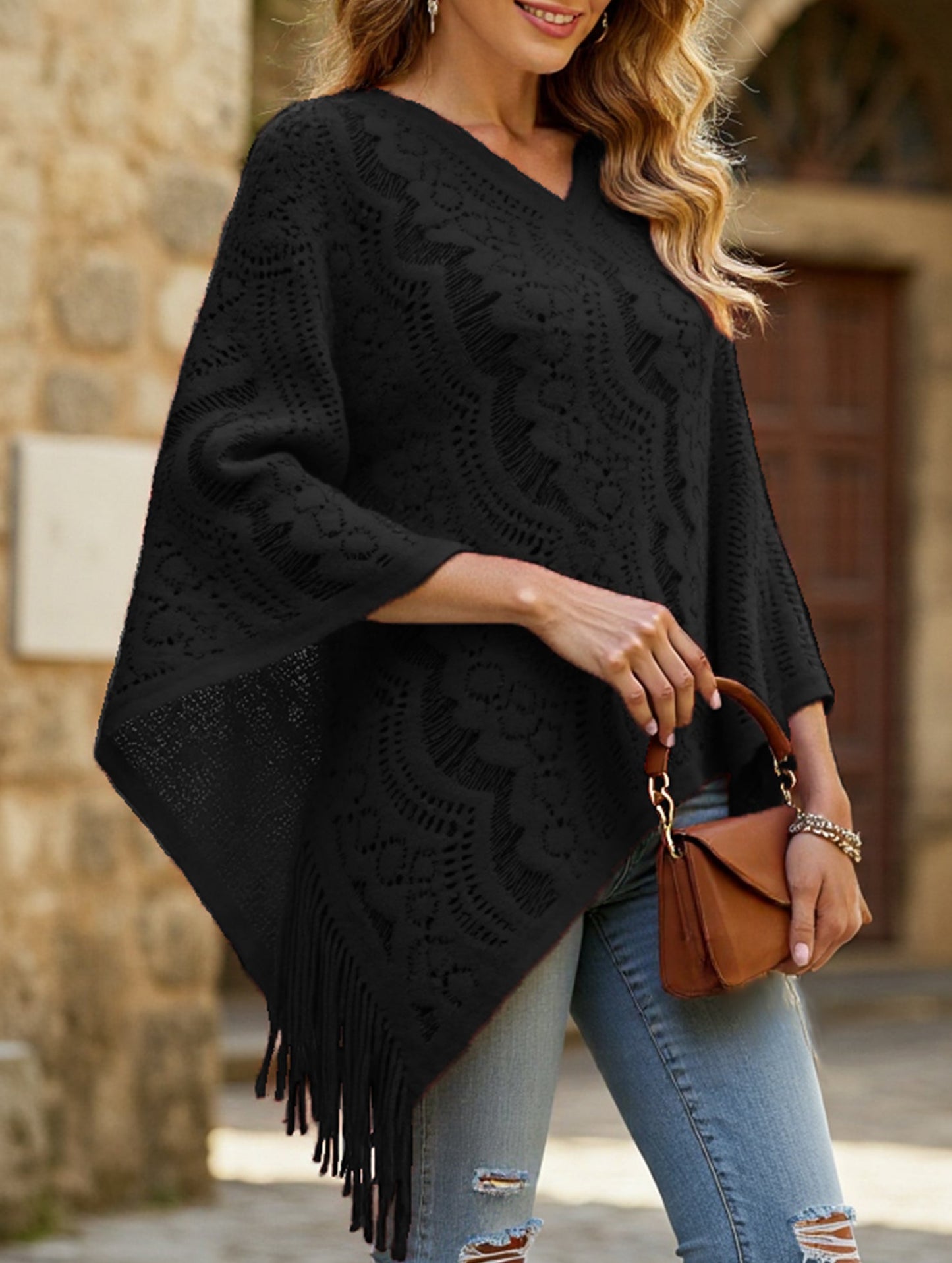 Flower solid color tassel embroidery shawl