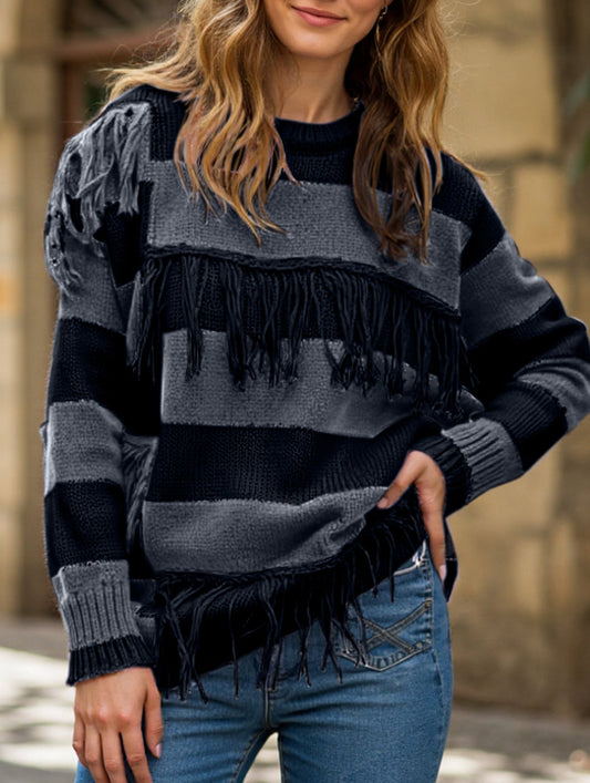 Color-blocked hand-knit tassel sweater