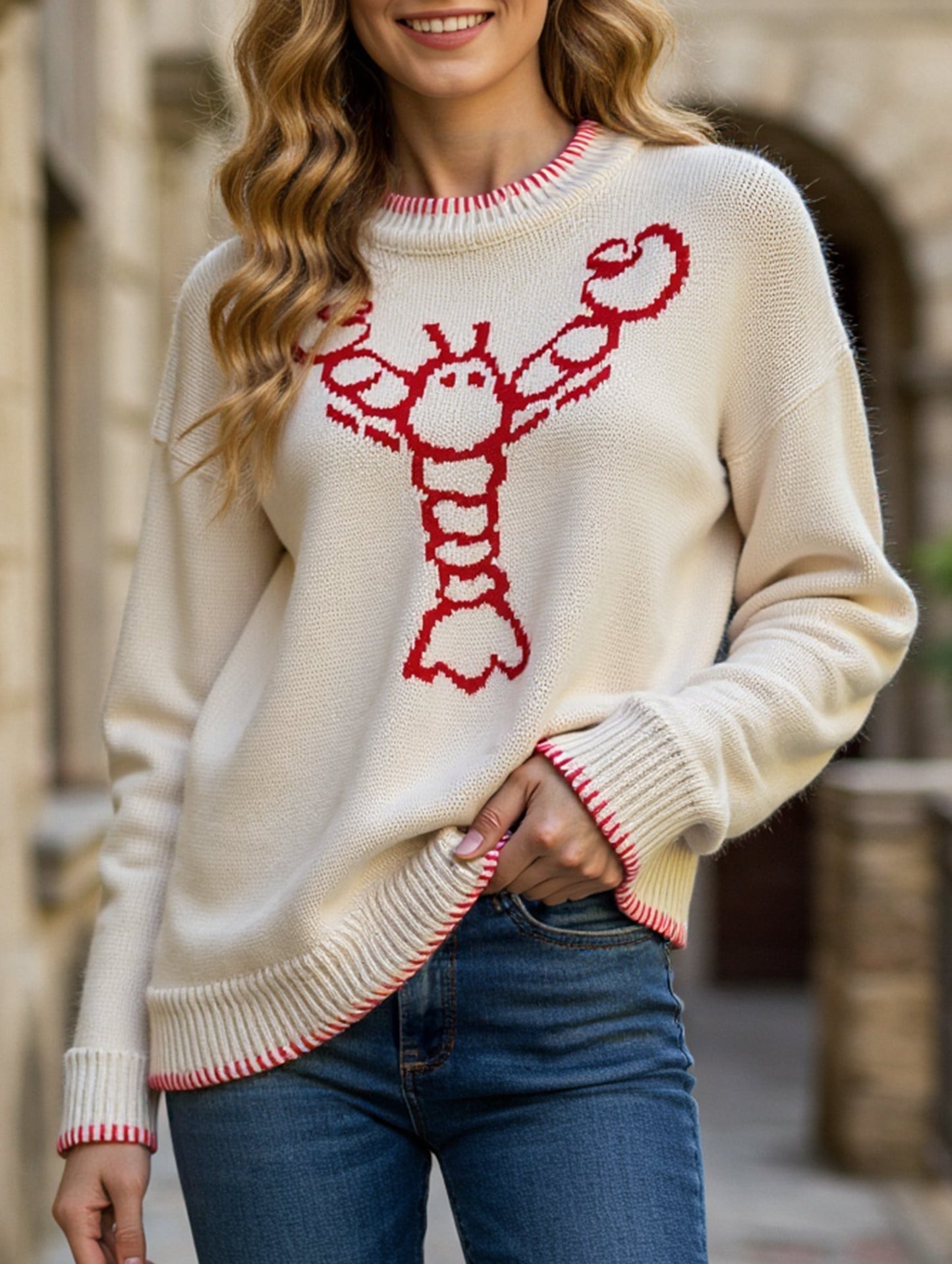 Animal pattern round neck pullover sweater