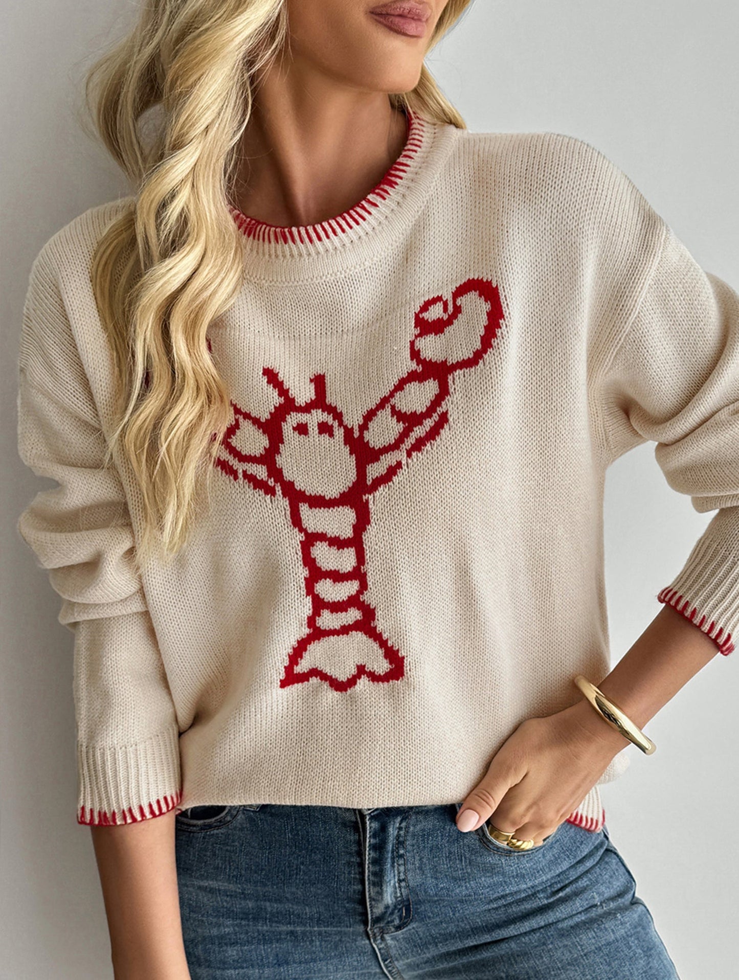 Animal pattern round neck pullover sweater