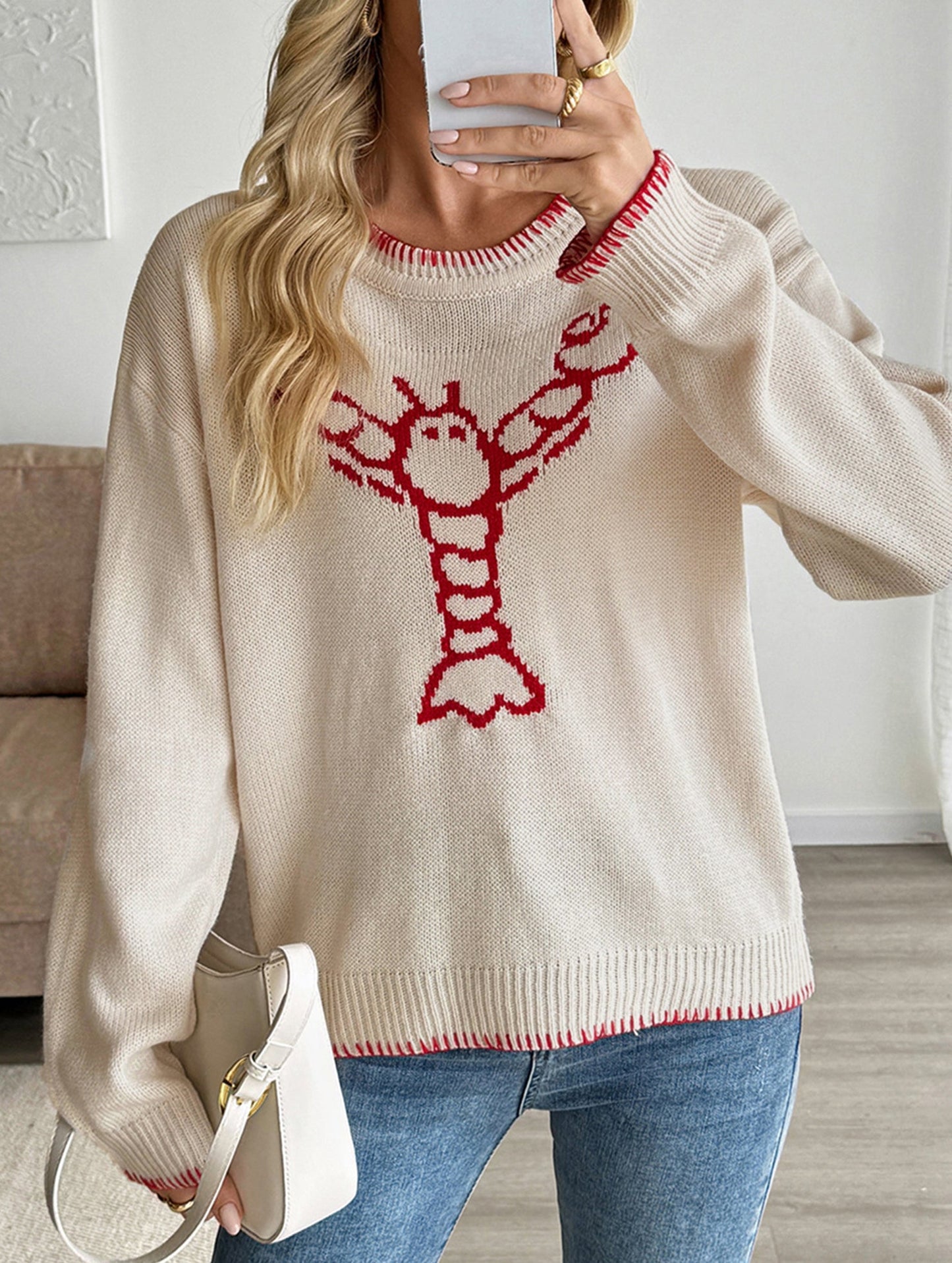 Animal pattern round neck pullover sweater