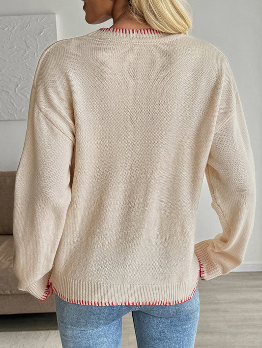 Animal pattern round neck pullover sweater