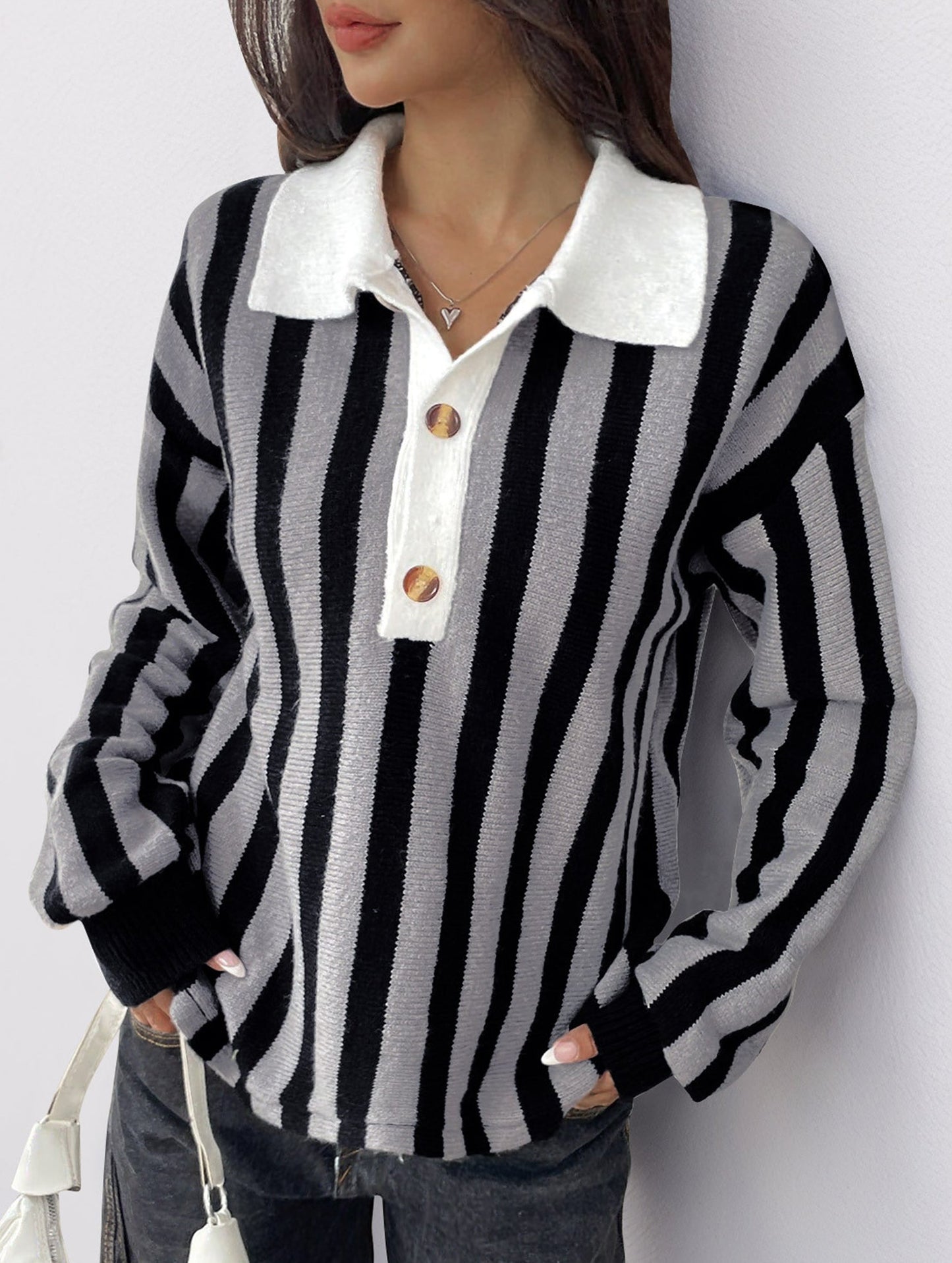 Solid color striped crew neck pullover sweater