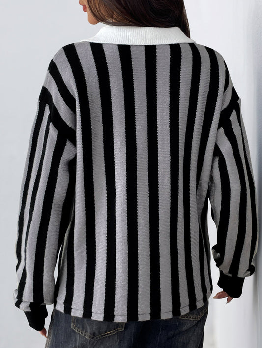 Solid color striped crew neck pullover sweater