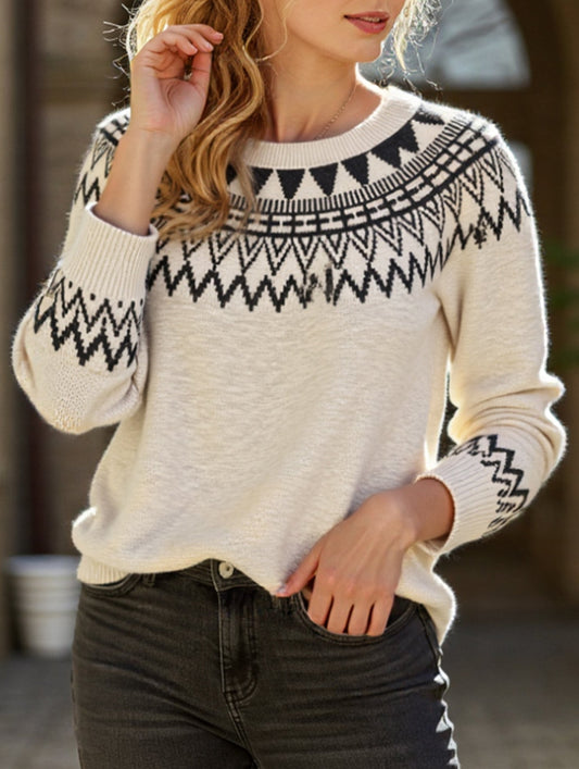 Ethnic style round neck pullover sweater