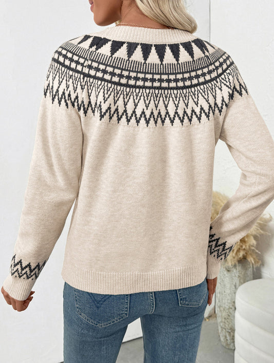 Ethnic style round neck pullover sweater