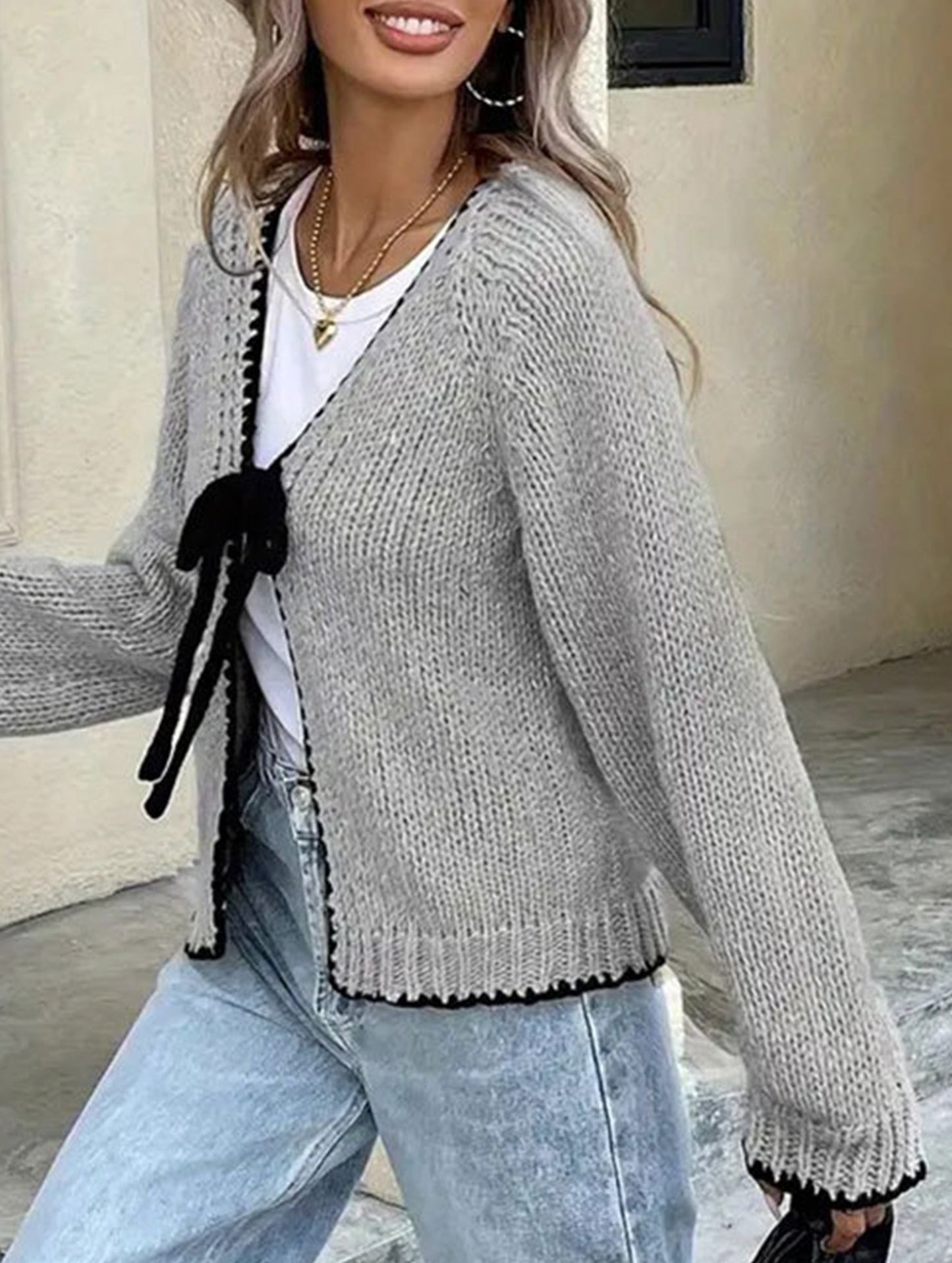 Loose-fitting bow tie cardigan jacket