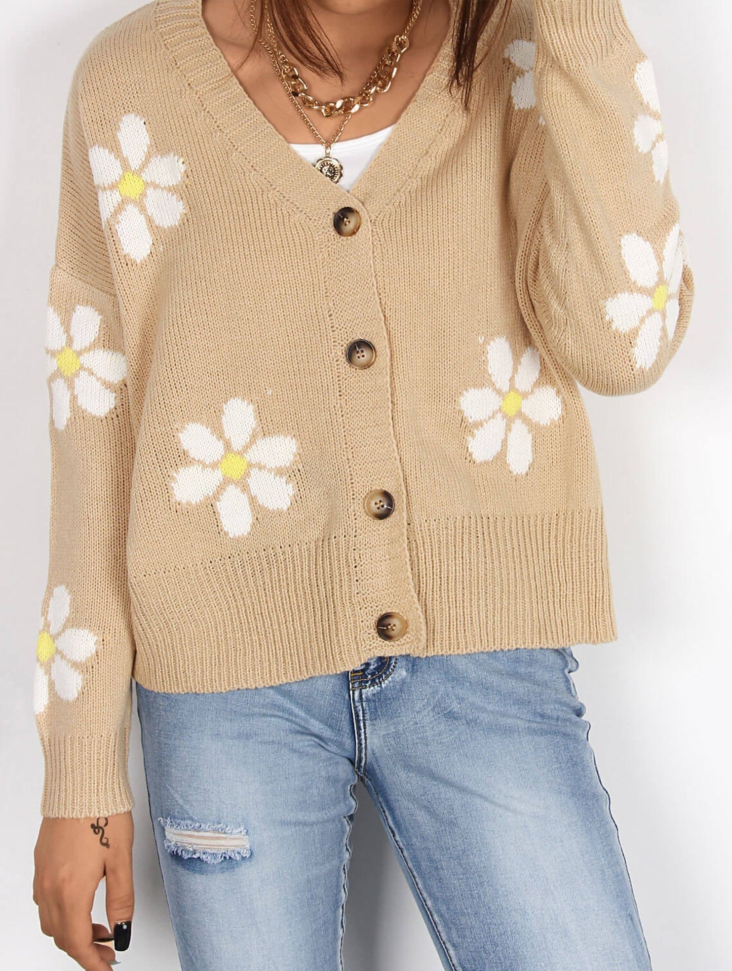 Fall Floral Button Varsity Sweater Jacket