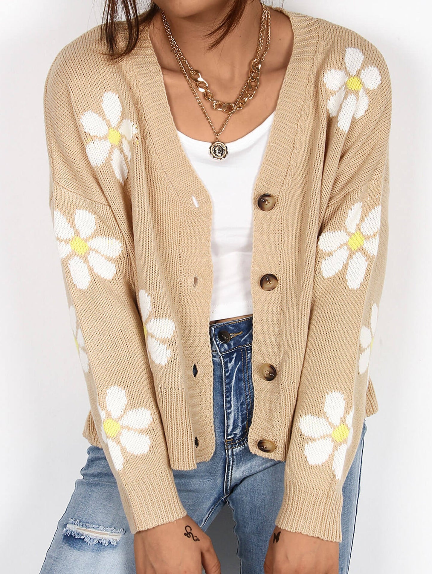 Fall Floral Button Varsity Sweater Jacket