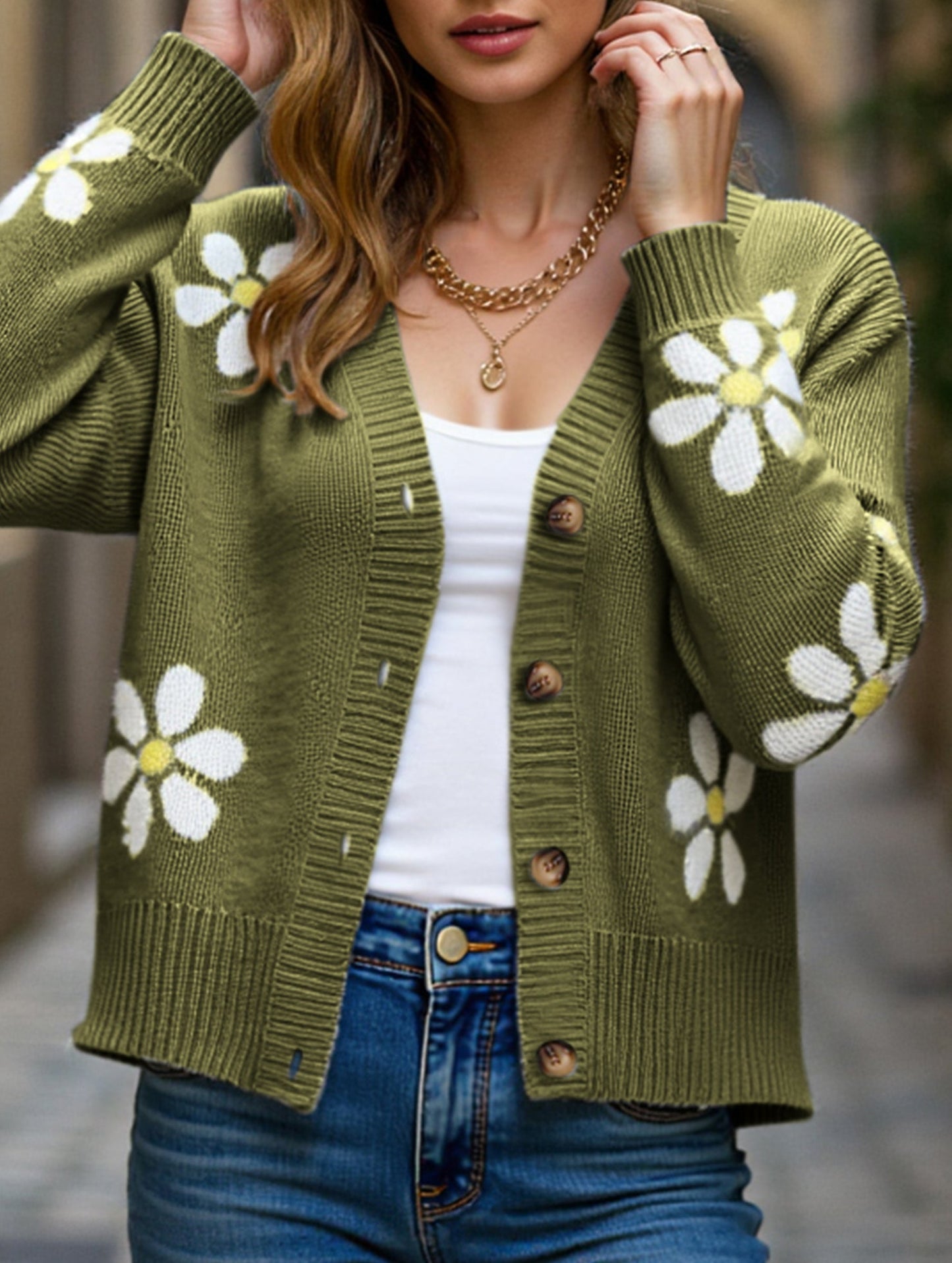 Fall Floral Button Varsity Sweater Jacket