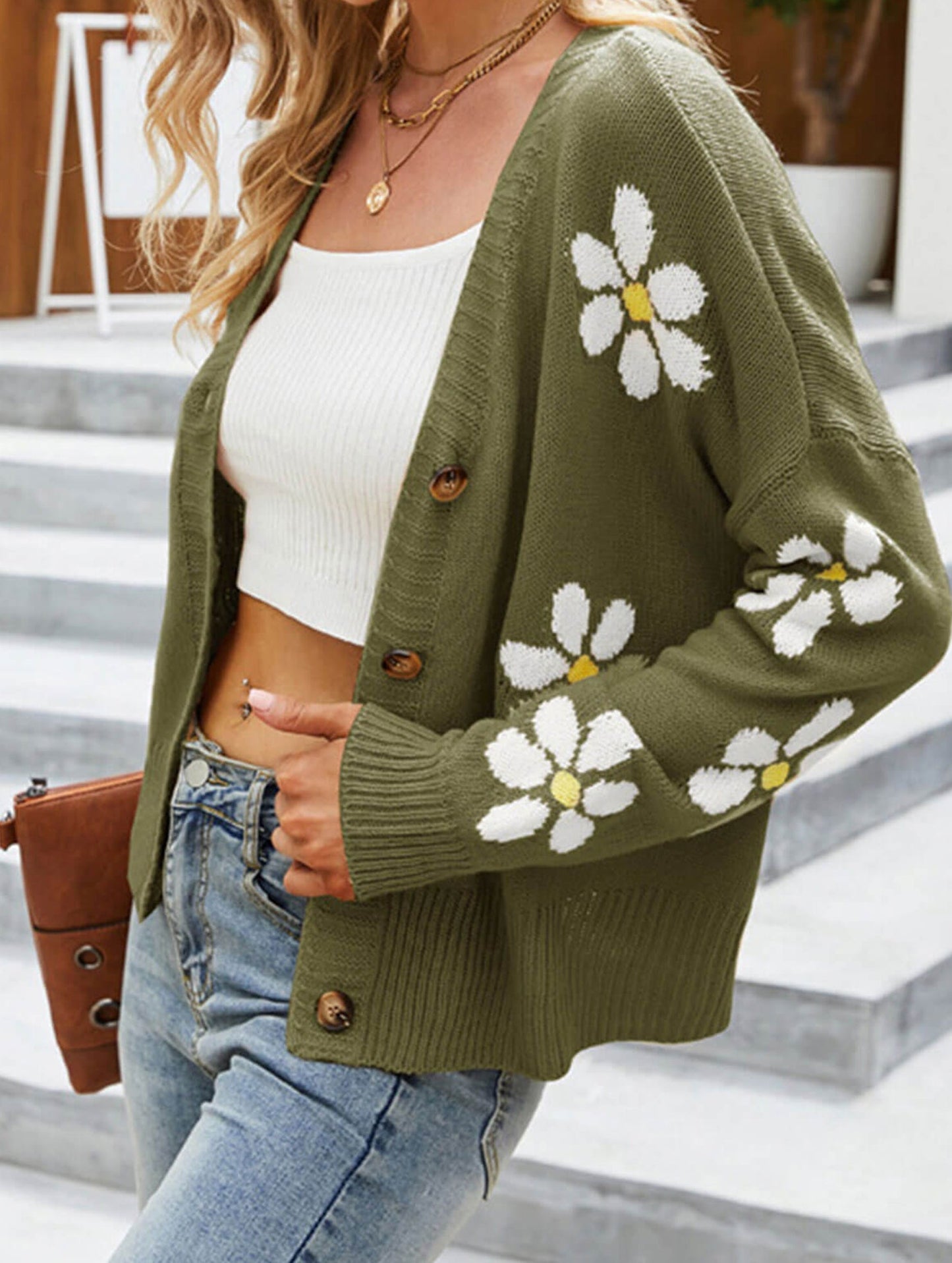 Fall Floral Button Varsity Sweater Jacket