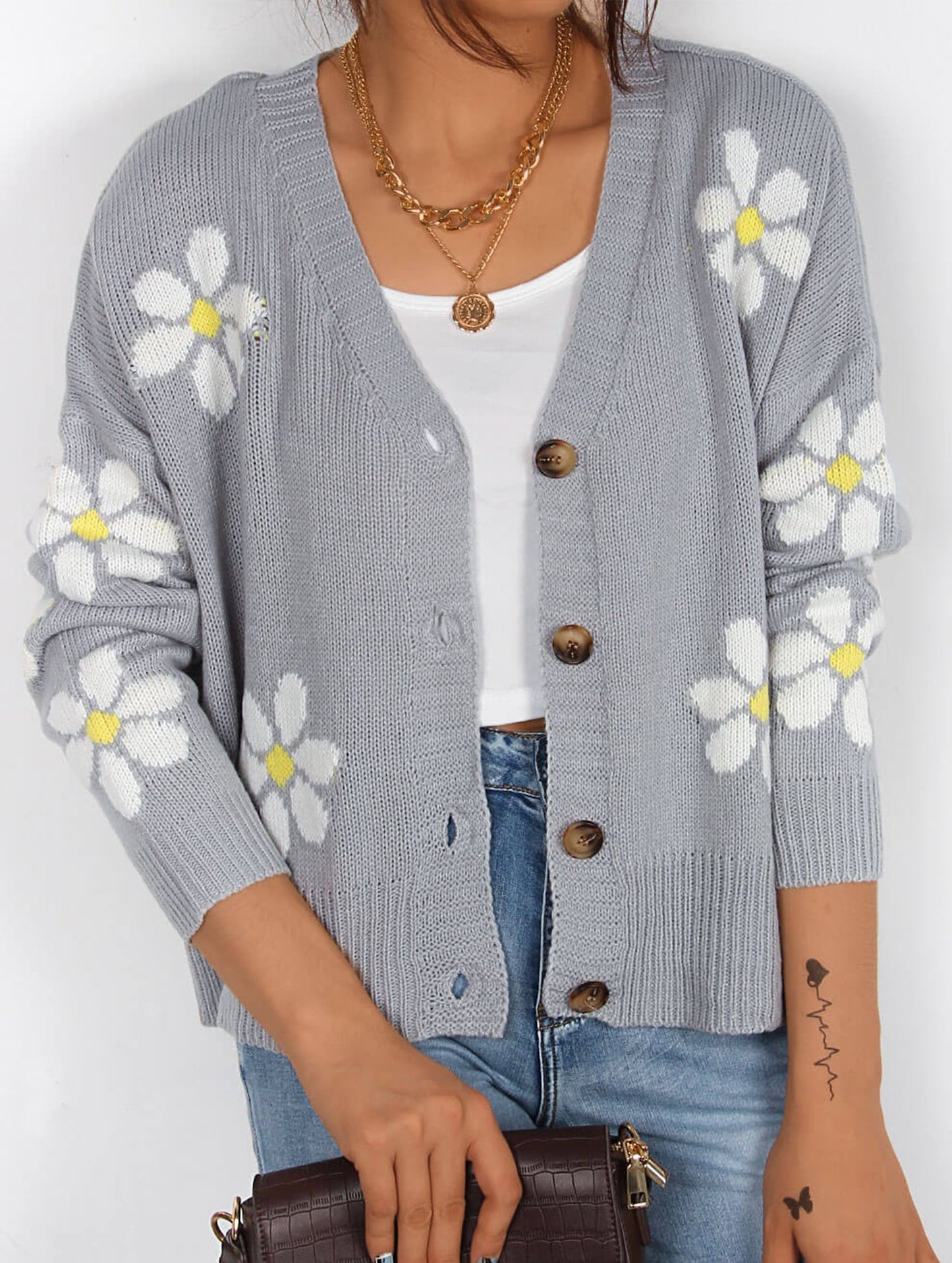 Fall Floral Button Varsity Sweater Jacket