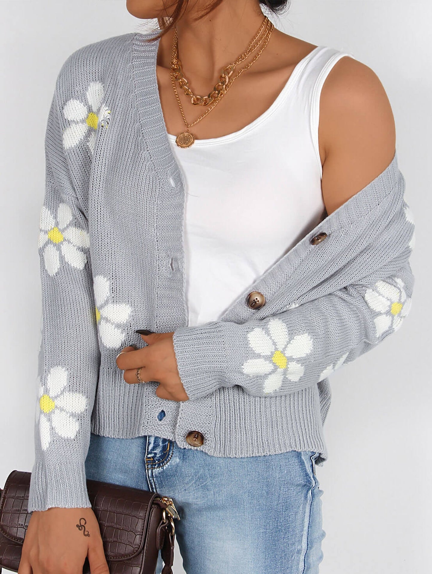 Fall Floral Button Varsity Sweater Jacket