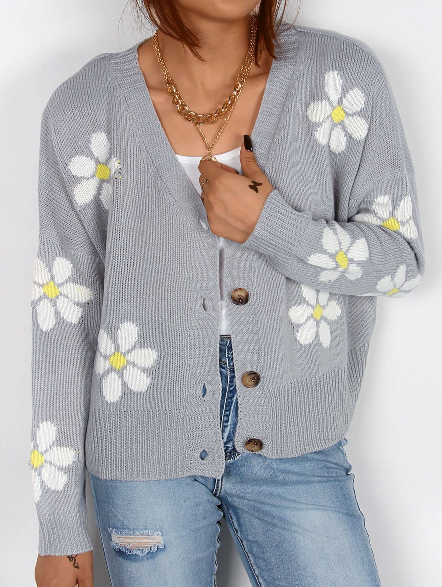 Fall Floral Button Varsity Sweater Jacket