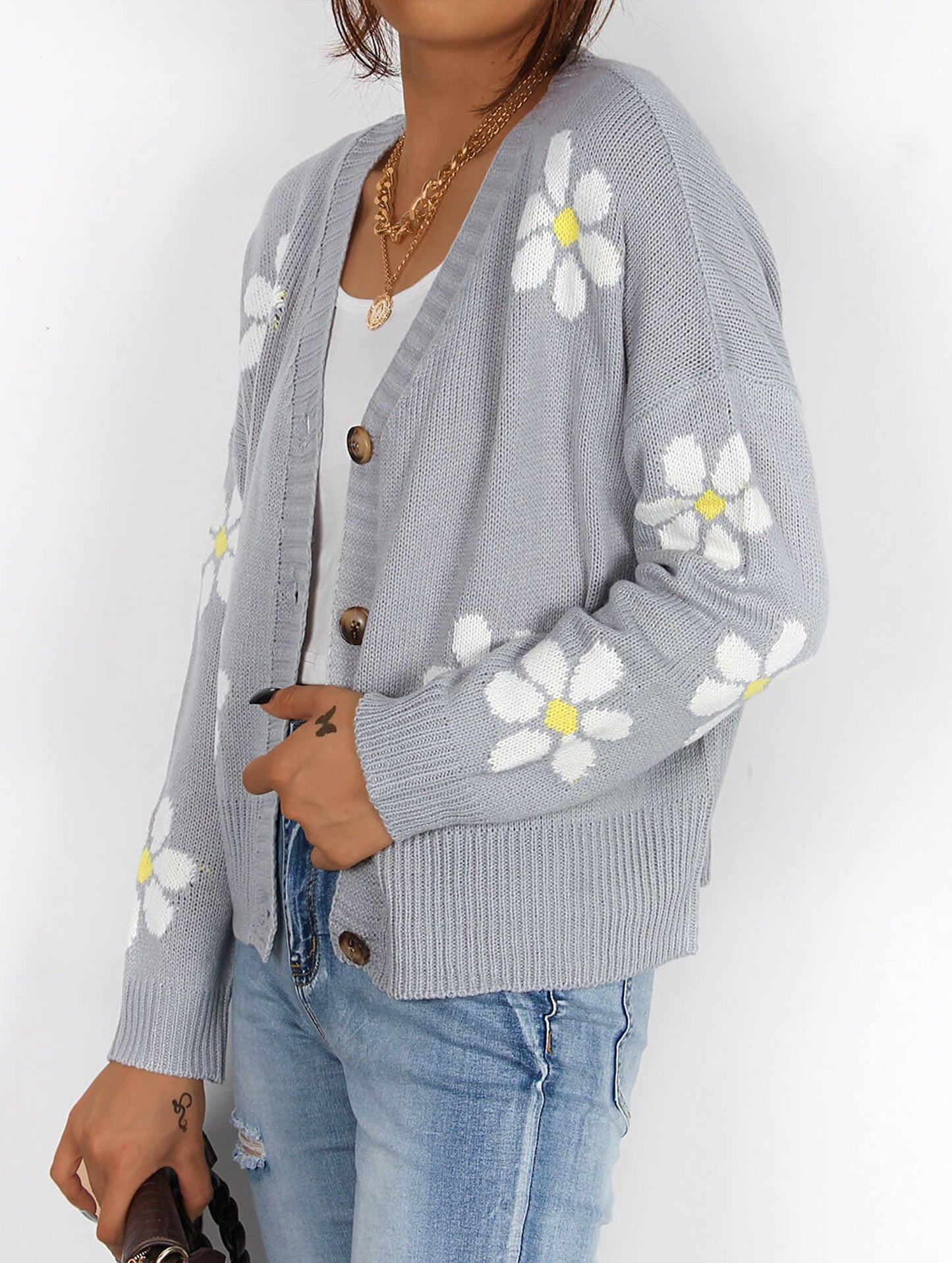 Fall Floral Button Varsity Sweater Jacket