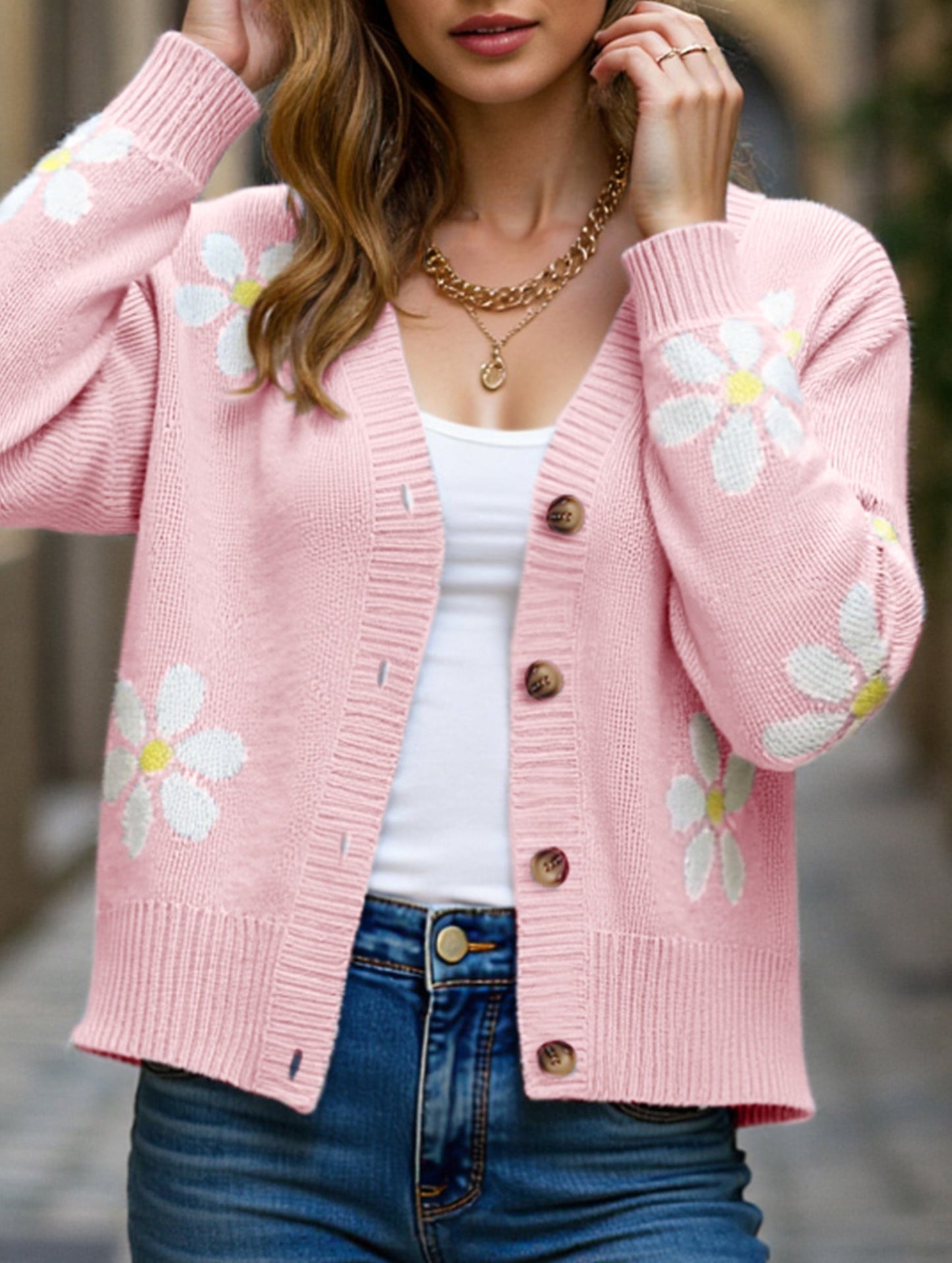 Fall Floral Button Varsity Sweater Jacket