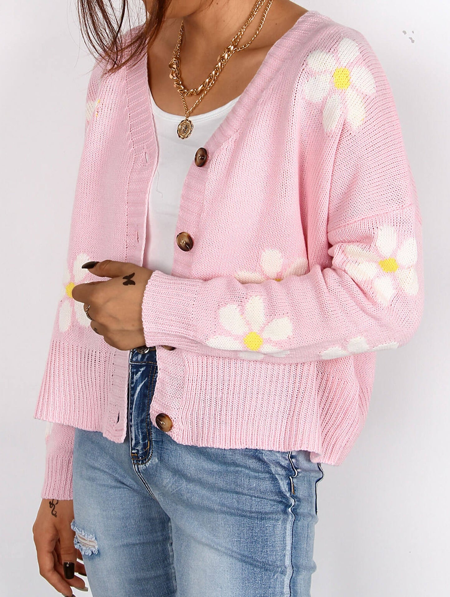 Fall Floral Button Varsity Sweater Jacket